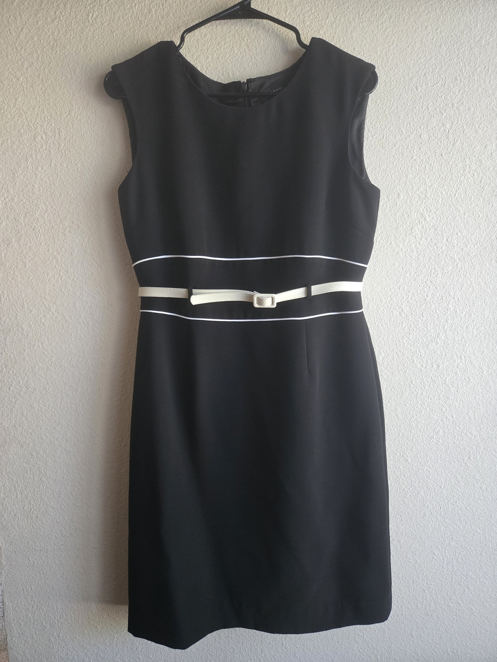 Tahari Arthur S. Levine Black Midi Sheath Dress with White Belt and Trim